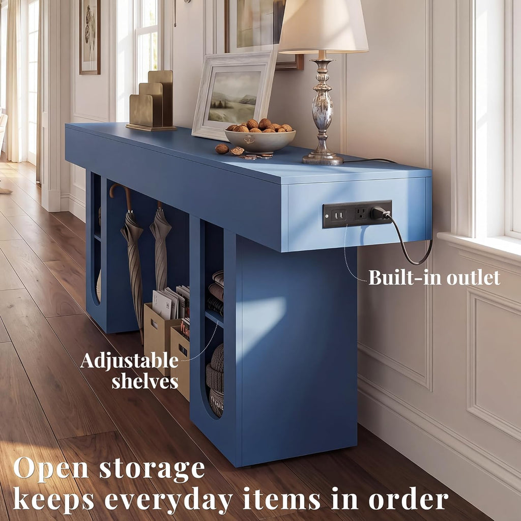 63" Entryway Console Table with Outlets & Storage-Blue | 5.9" Thick Top,Zero Wobble,Behind Couch,Charging Station,Anti-Tip,Modern Farmhouse,Dense MDF,Living Room,Hallway,Wood Grain