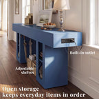 63" Entryway Console Table with Outlets & Storage-Blue | 5.9" Thick Top,Zero Wobble,Behind Couch,Charging Station,Anti-Tip,Modern Farmhouse,Dense MDF,Living Room,Hallway,Wood Grain