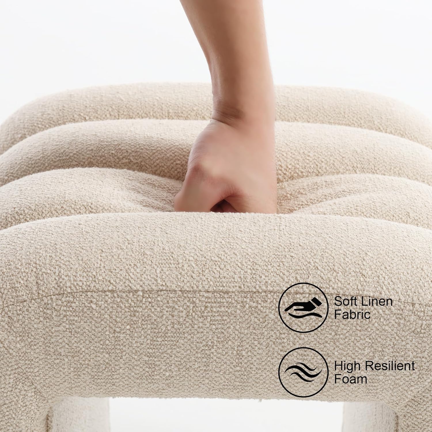 Flouki Ottoman Foot Stool with Channel Tufted, Small Ottoman Bench for Entryway, Modern Vanity Stool Chair, Upholstered Foot Rest Extra Seat for Living Room (Beige Linen, Set of 2)