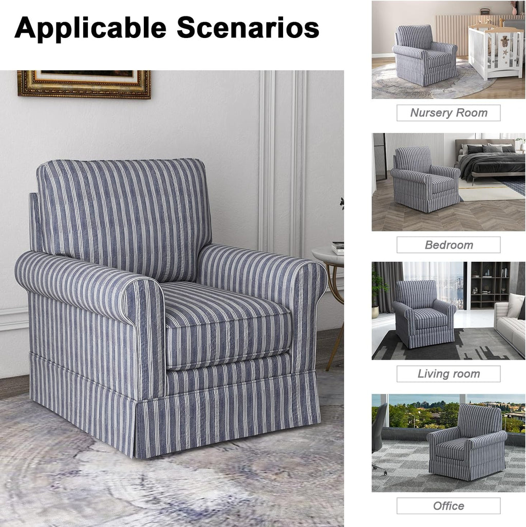 INZOY Swivel Accent Chair Set of 2, Mid Century Modern Reading Chair, Upholstered Swivel Square Chair for Living Room Bedroom Small Spaces, Fully Assembled, Blue Stripe