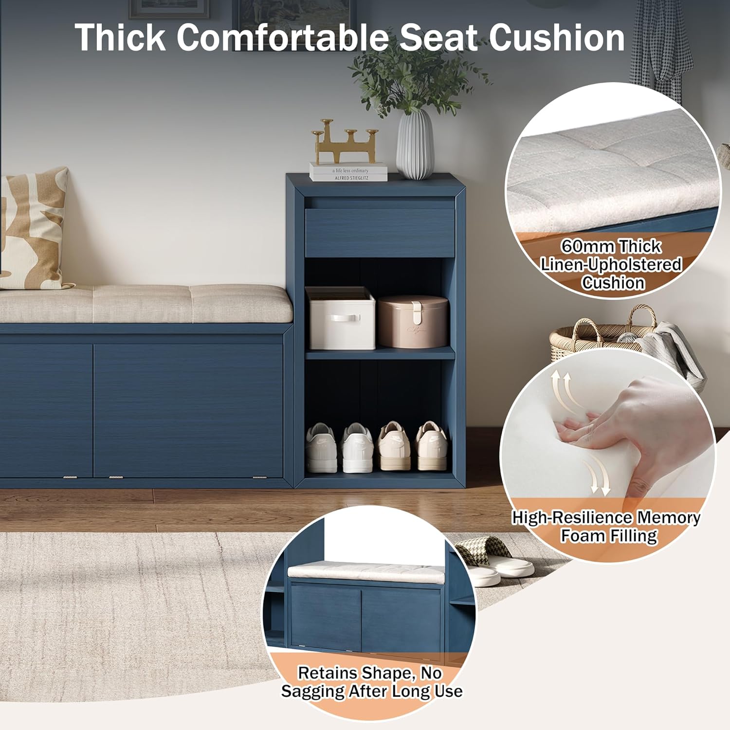 SOFTSEA All-in-One Entryway Storage Bench with Cushion, Compartments, Drawers and Open Shelves, Farmhouse Storage Bench for Hallway, Mudroom, Living Room, Antique Navy
