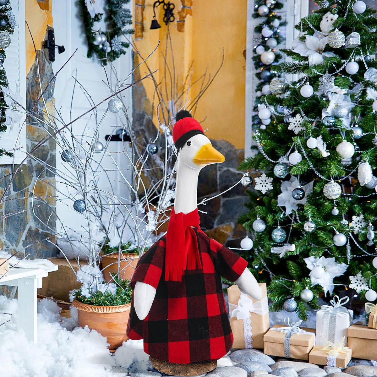Christmas Red and Black Buffalo Plaid Goose Outfit Clothes for 23" High Cement or Plastic Goose Lawn Clothing Porch Garden Costume for Yard Outdoor Patio Statue Xmas Holiday Decor