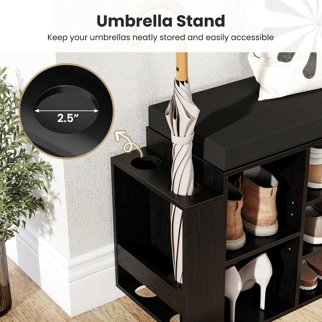 Giantex Shoe Storage Bench with Umbrella Stand, 10-Cubby Entryway Shoe Rack Organizer with Padded Seat, Adjustable & Removable Shelves for Hallway, Living Room & Bedroom (Black)