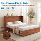 Mjkone Murphy Bed Queen with Mattress Included, Cabinet Murphy Bed with USB Charging Station & Storage Drawer, Mobile Cube Murphy Cabinet Chest Bed for Living Room Bedroom Apartment, Cherry