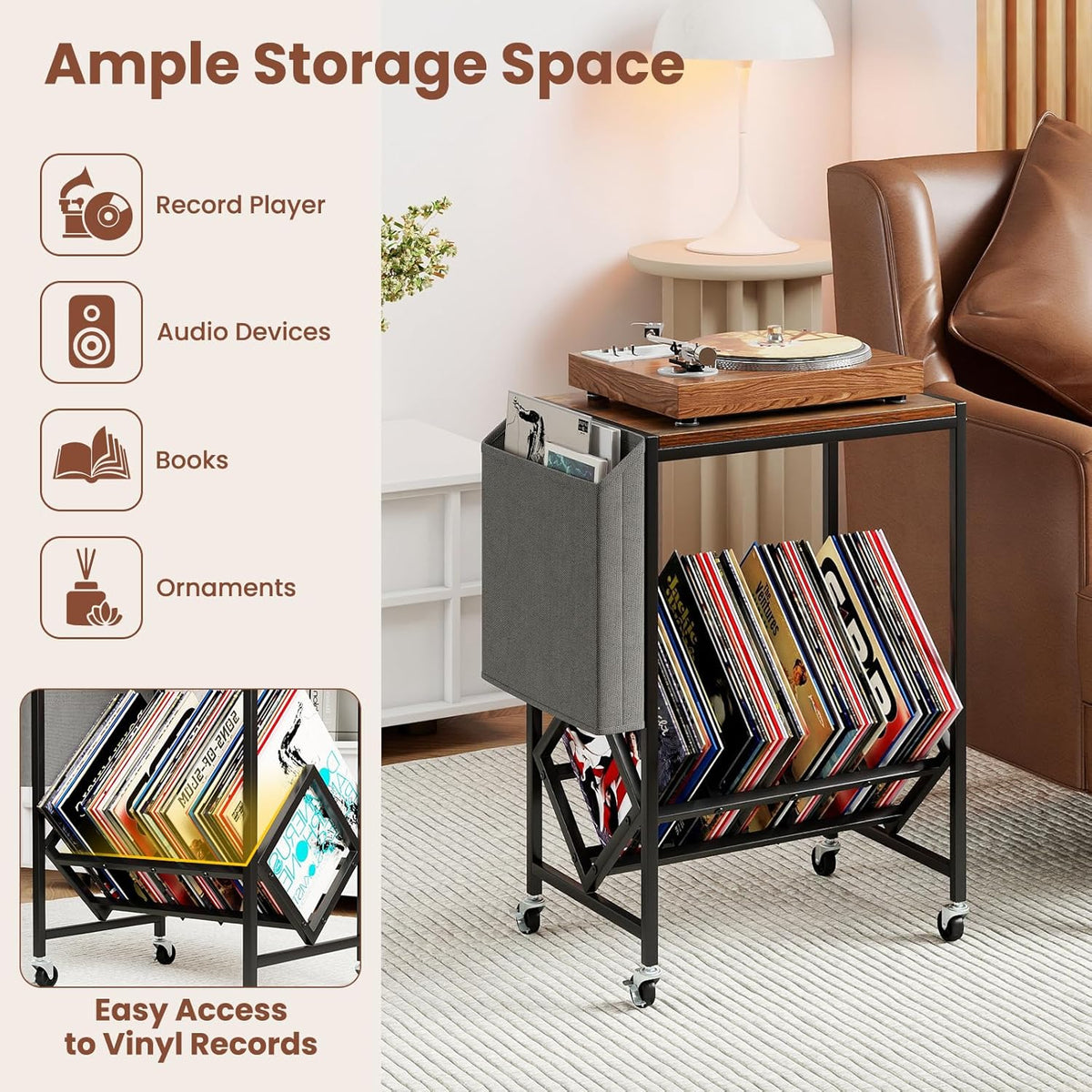 Giantex Record Player Stand, Rolling 2-Tier Turntable Stand with Storage Shelf Up to 130 Albums, Record Player Table w/Metal Frame & Magazine Holder, Vinyl Record Storage for Living Room, Black