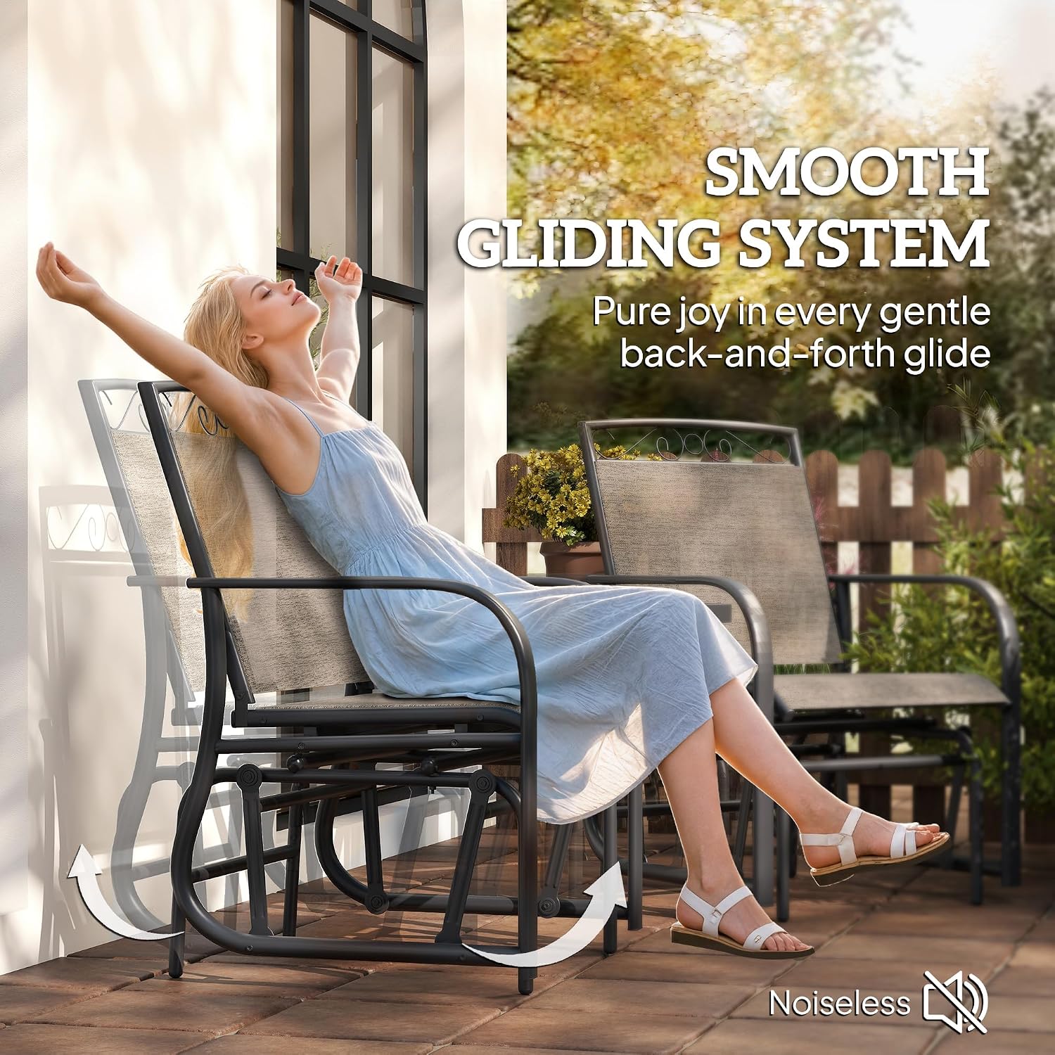 Outsunny Outdoor Glider Chairs with Coffee Table Patio 2-Seat Brown | Rocking Chair Swing, Breathable Sling, Backyard, Garden, Porch