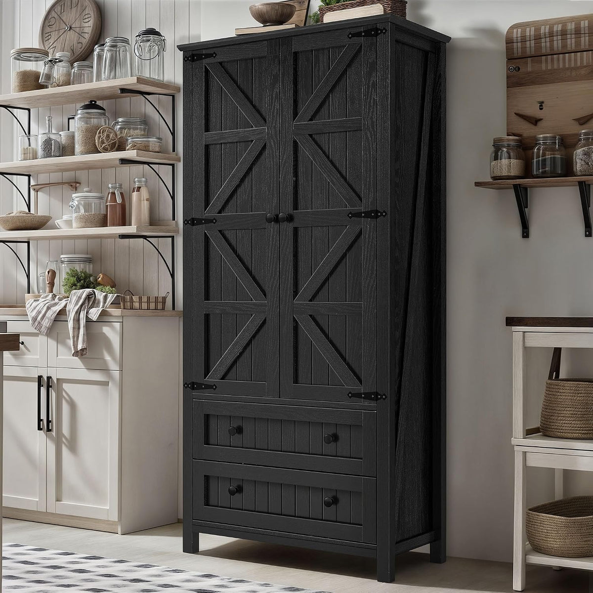 YITAHOME 64.5" Tall Kitchen Pantry Cabinet, Farmhouse Pantry Storage Cabinet with 2 Drawers & Adjustable Shelves, Ideal for Living Room, Kitchen or Hallway, Oak Black