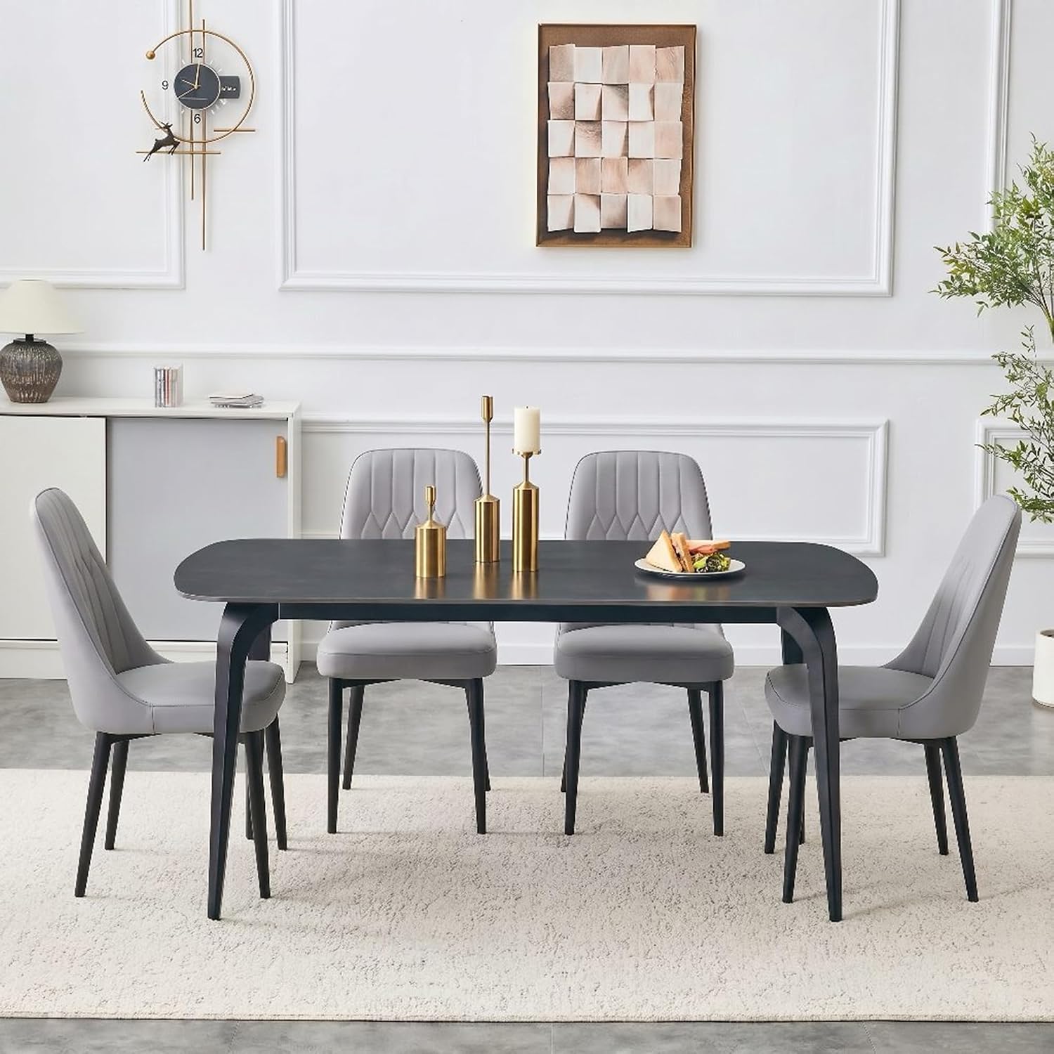Modern Dining Table Set for 4, 63 inch Sintered Stone Kitchen Table and Chairs,Rectangular Dining Table Set of 4 with PU Leather Chair, 5 Piece Dining Room Table Set for Kitchen, Office, Apartment