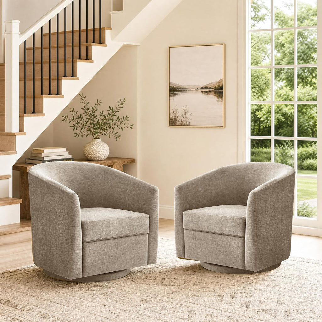 Zihanhome Chenille Swivel Accent Chair Set of 2, Modern Barrel Chairs with 360° Swivel Base, Upholstered Living Room Chairs, No Assembly Armchairs for Bedroom, Reading Nook, Apartment (2, Khaki)