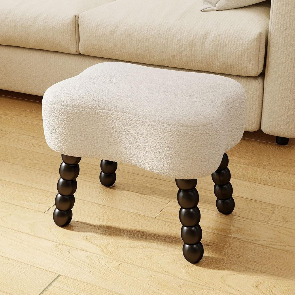 White Ottoman, Small Footrest with Storage Space, Unique Shaped Ottoman with Wood Legs，Faux Teddy Fur(Bone-White)
