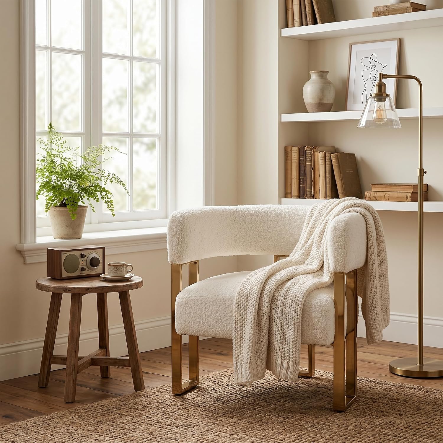 Barrel Accent Chair,Modern Side Chair with Golden Metal Legs, Sherpa Upholstered Reading Armchair for Bedroom, Boucle Club Chairs for Living Room/Reception Room/Lounge/Office, White