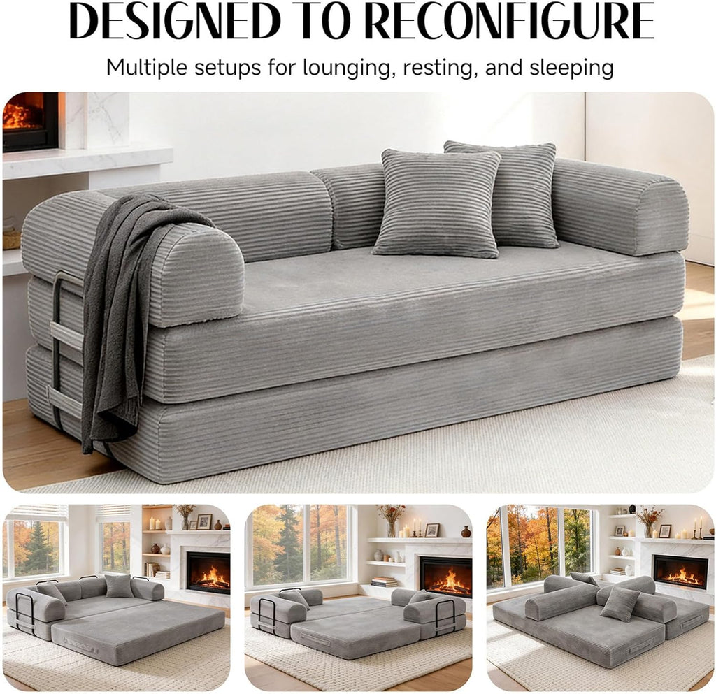 79'' Convertible Sofa Bed, Couch-in-a-Box, Corduroy Floor Futon Loveseat Sleeper, 26'' Deep Seat, Removable Machine-Wash Covers, No Assembly, 2 Pillows, Light Grey