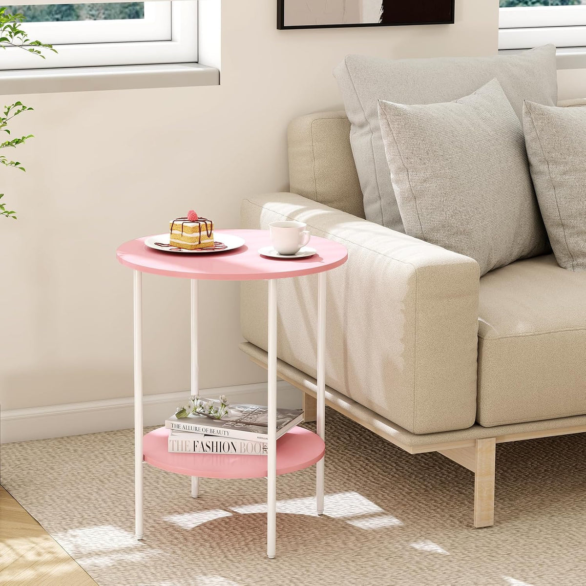 Side Table,Round End Table with 2 Storage Shelves| Compact Side Tables for Living Room, Couch, Gym, Office & Bedroom | Narrow Accent Table as Space-Saving Small Bedside Table 18x18x22in(Pink)