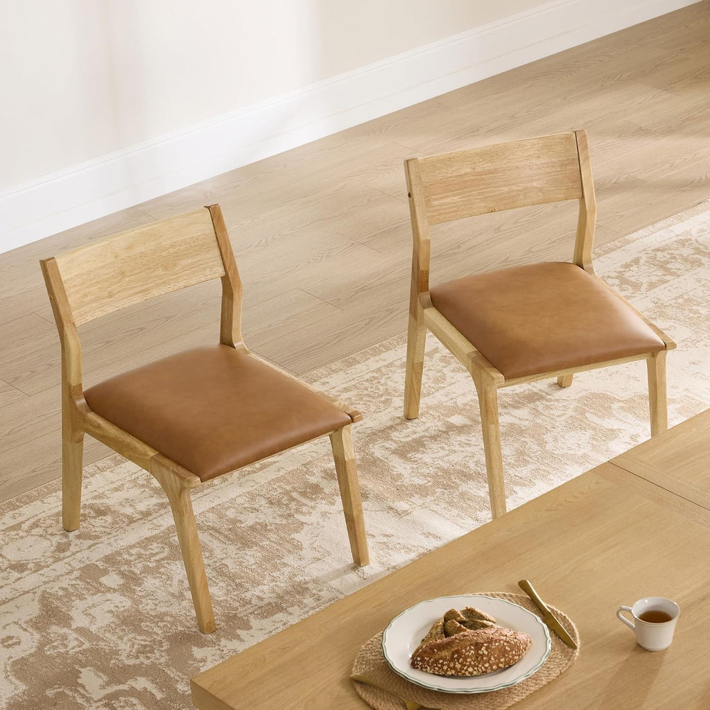 Watson & Whitely Wood Dining Chairs Set of 2, Modern Leather Upholstered Kitchen Chairs with Ergonomic Curved Backrest and Solid Wood Frame, Farmhouse Chairs for Dining Room, Living Room, Camel