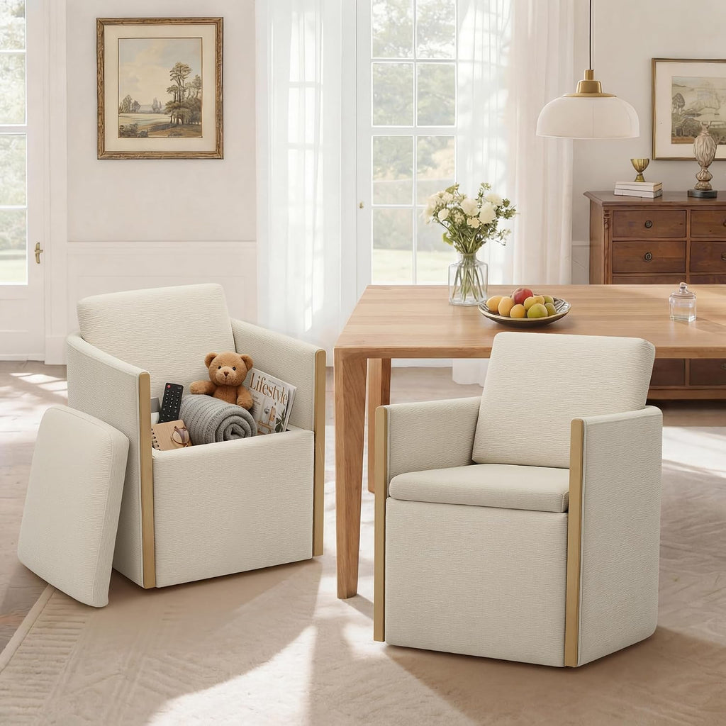 Watson & Whitely Modern Rolling Dining Chair with Casters, Set of 2, Linen | Upholstered Chenille Fabric, Hidden Seat Storage, Wood Arms for Kitchen, Dining Room, Living Room