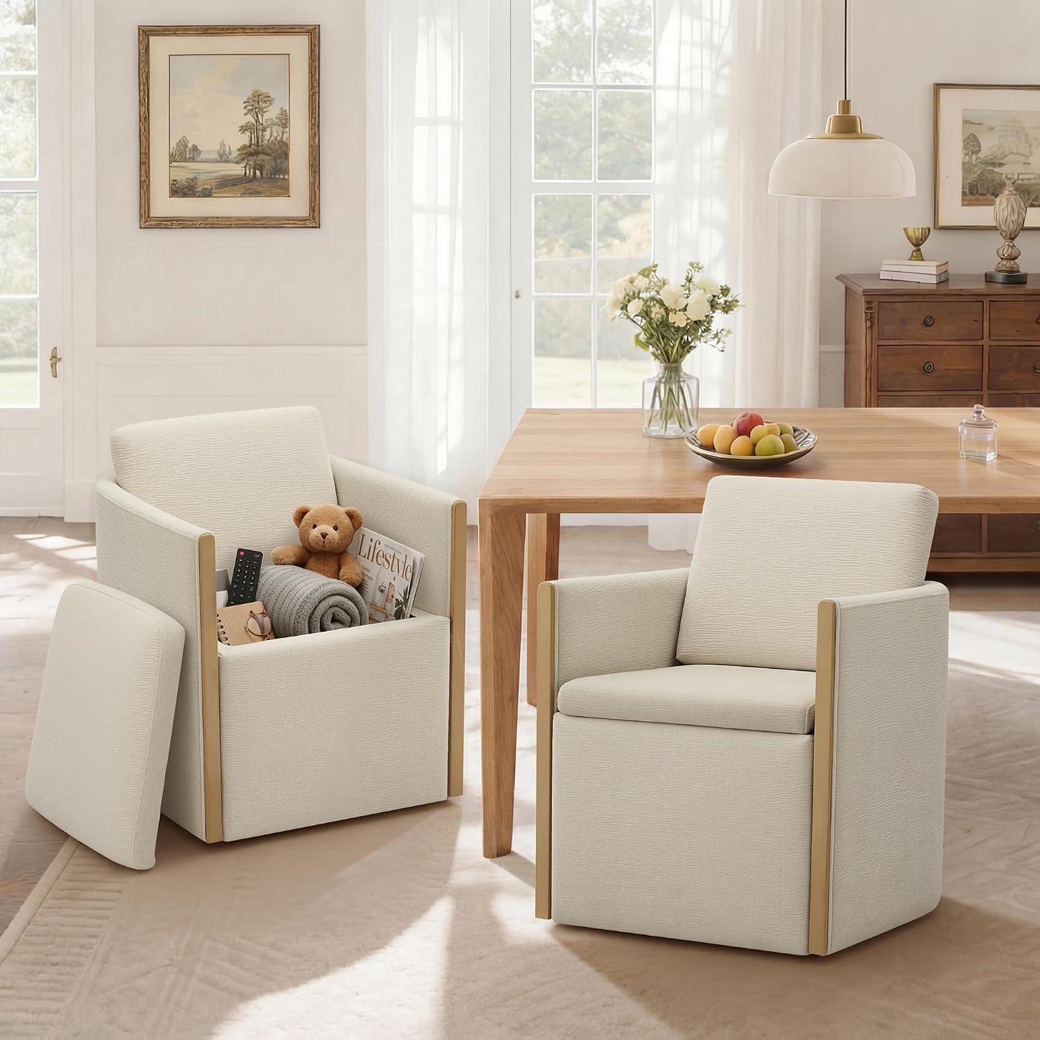 Watson & Whitely Upholstered Dining Chair with Casters, Modern Dining Room Chair with Hidden Seat Storage & Wood Arms, Rolling Dining Chair Chenille Armchair for Kitchen, Living Room, Linen