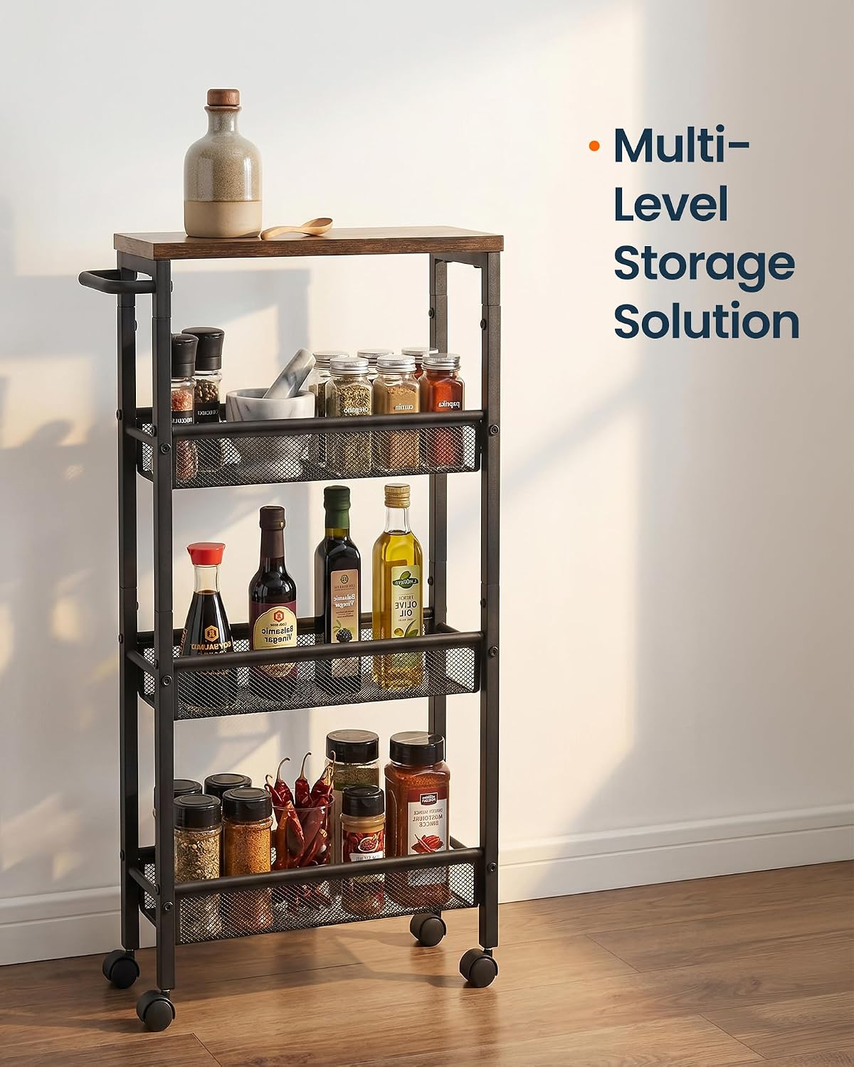 SONGMICS HOME Slim Rolling Cart, 4-Tier Storage Cart with Wheels and Handle, Narrow Utility Cart for Kitchen, Living Room, Brown and Black
