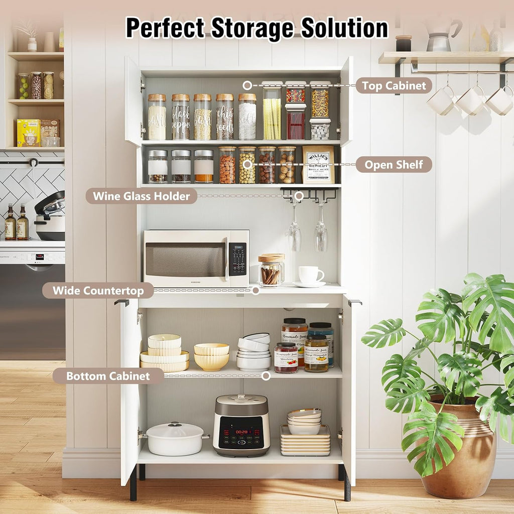 LOKO 64.5” Tall Kitchen Pantry Cabinet, Buffet Sideboard with Charging Station, Modern Wine Bar Cabinet with Wine Glass Rack, Kitchen Hutch Cupboard for Dining Room, Living Room (White)