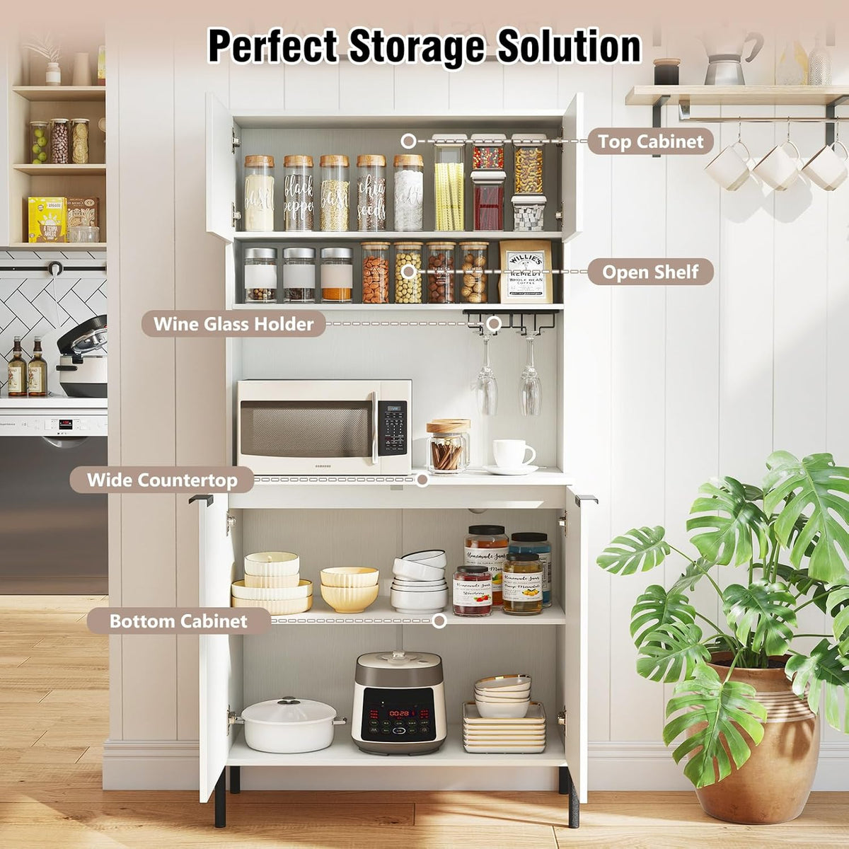 LOKO 64.5” Tall Kitchen Pantry Cabinet, Buffet Sideboard with Charging Station, Modern Wine Bar Cabinet with Wine Glass Rack, Kitchen Hutch Cupboard for Dining Room, Living Room (White)