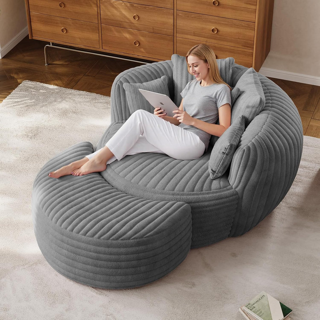 ONEMMLION 50" Oversized Round Chaise Lounge with Ottoman, Corduroy, Grey | Deep Seating Chair, Plush Corduroy and Matching Ottoman Create Cloud-like Comfort for Reading, Lounging and Relaxing