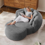 ONEMMLION 50" Oversized Round Chaise Lounge with Ottoman, Corduroy, Grey | Deep Seating Chair, Plush Corduroy and Matching Ottoman Create Cloud-like Comfort for Reading, Lounging and Relaxing