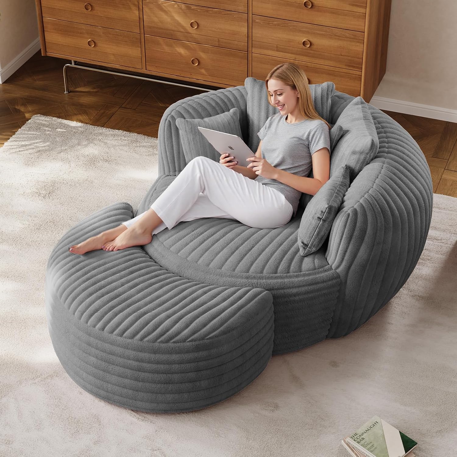 ONEMMLION 50" Oversized Round Chaise Lounge with Ottoman, Corduroy, Grey | Deep Seating Chair, Plush Corduroy and Matching Ottoman Create Cloud-like Comfort for Reading, Lounging and Relaxing