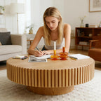 Round Coffee Table with Fluted Design, Wood Oak