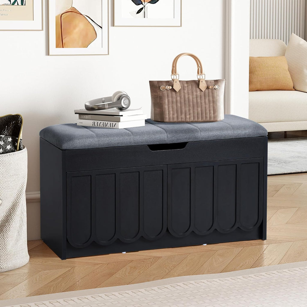 ORRD Shoe Storage Bench with Cushion, Entryway Shoe Cabinet Bench with 2 Scalloped Doors & Adjustable Shelf, 2-Tier Shoe Rack Organizer Cabine for Entryway, Hallway, Living Room (Black)