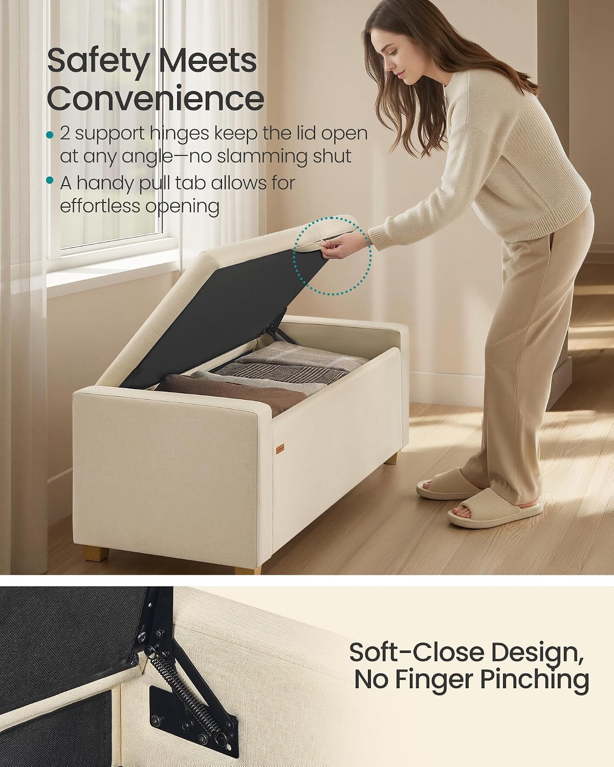 SONGMICS Storage Ottoman, 48 Inches Long Bed End Stool, Solid Wood Legs | Buttons Decoration, Non-Slip Foot Pads, 661.4 lb Load Capacity, Summer Sand, MACEO Collection ULOM511LF01
