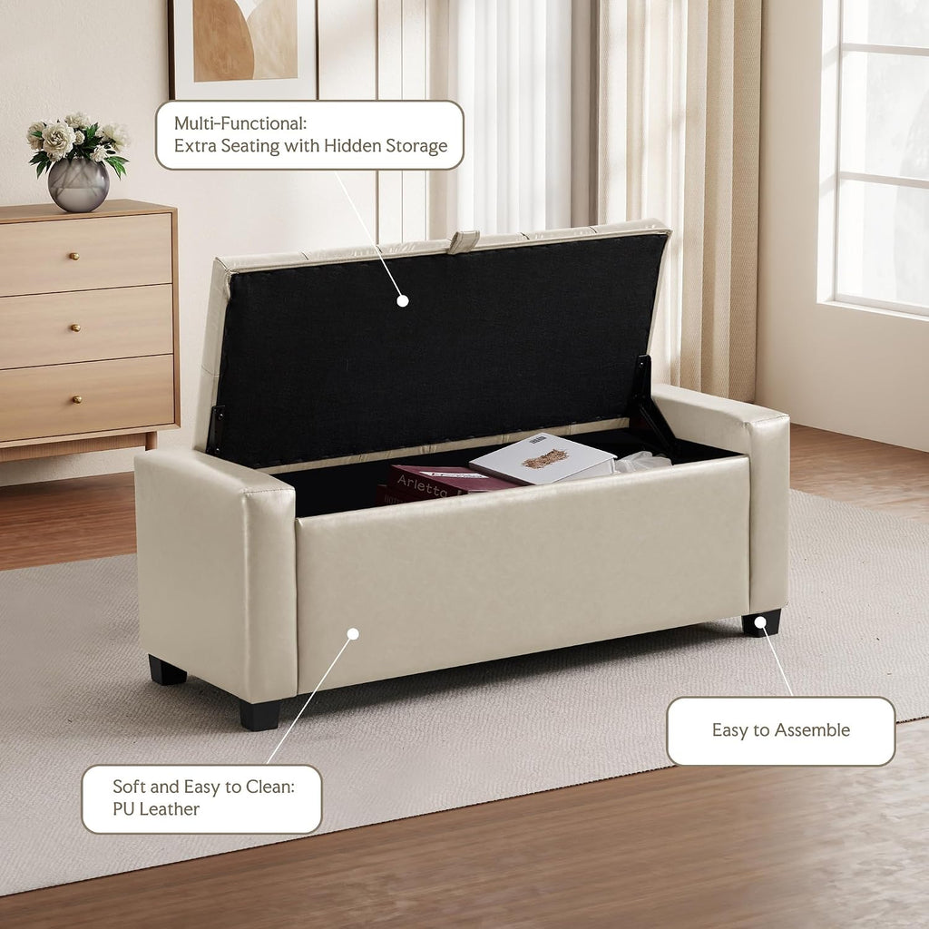 GRAINELL 42.13” Storage Ottoman Bench, Upholstered Tufted Bedroom Bench with Storage, End of Bed Storage Bench for Living Room & Entryway, 350 lb Capacity, Leather Beige