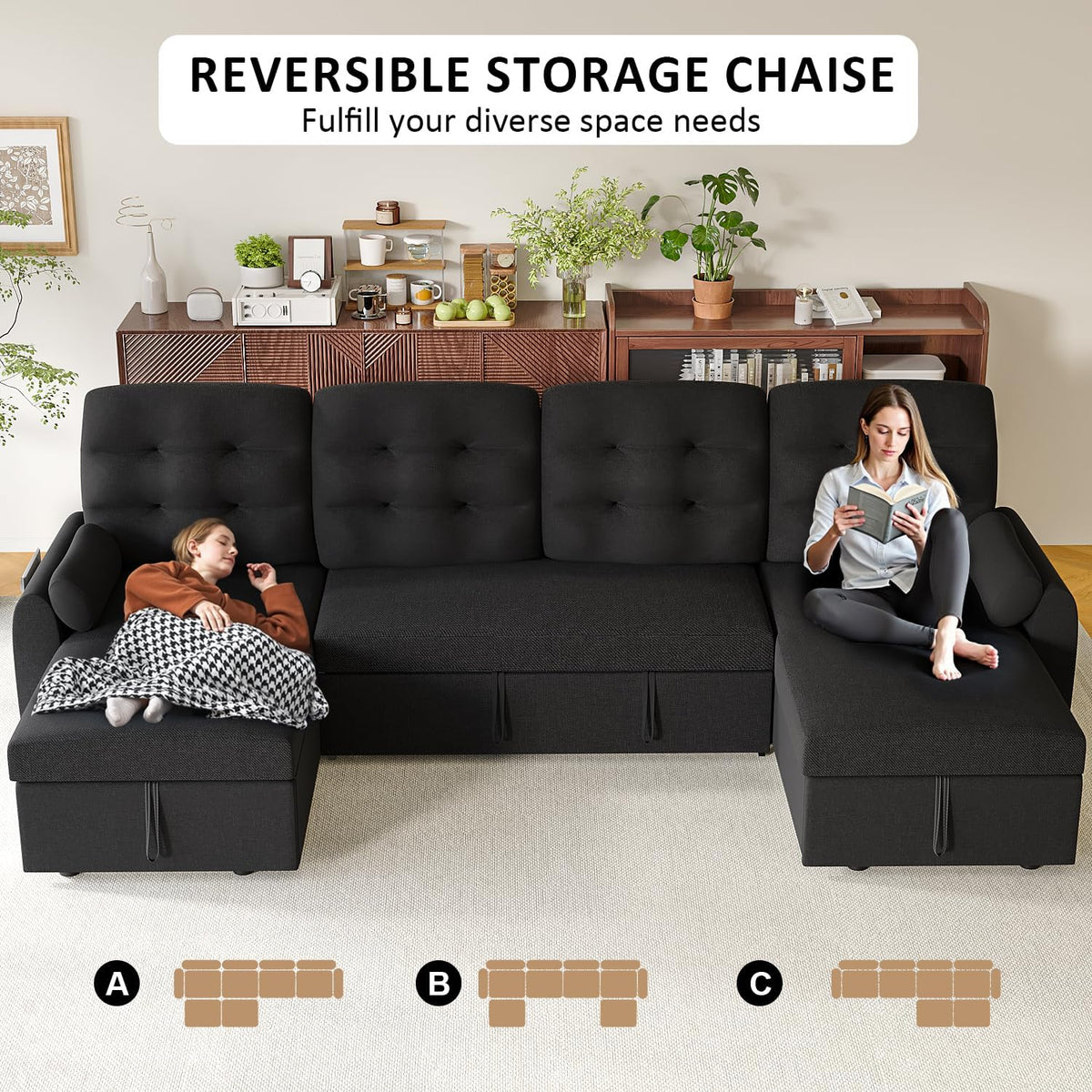 Ucloveria Sectional Sleeper Sofa Bed, 112" U-Shaped Sectional Couches for Living Room with Pull Out Bed, Oversize Couch Bed with Dual Reversible Storage Chaise | USB Charging | Side Pockets, Black