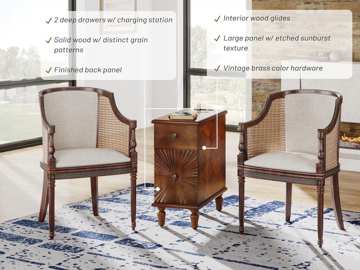 Solid Wood Sunburst End Table, No Assembly Required 2 Drawers Sofa Side Bedside Table with Sunbeam Texture for Living Room, Vintage Nightstand for Bedroom (Caramel Brown, 1PC, w/Charging Station)
