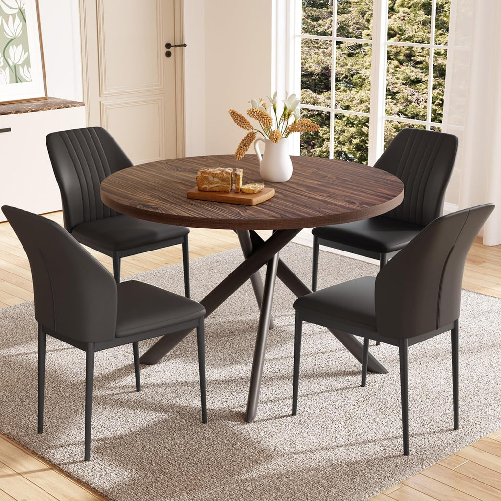 HIPIHOM 45.3'' Walnut Round Dining Table Set for 4, Mid Century Modern Small Coffee Set for Dining Room Kitchen Apartment (Dark Walnut Table + 4 Black Chairs)