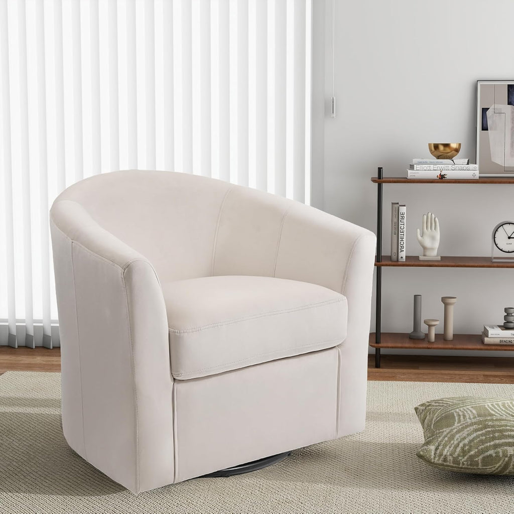 Swivel Accent Chair, Upholstered Velvet Barrel Armchair, Modern Round Single Sofa Seating Comfy Reading Corner Chairs for Living Room Bedroom, Fully Assembled (Velvet Ivory, Set of 2)