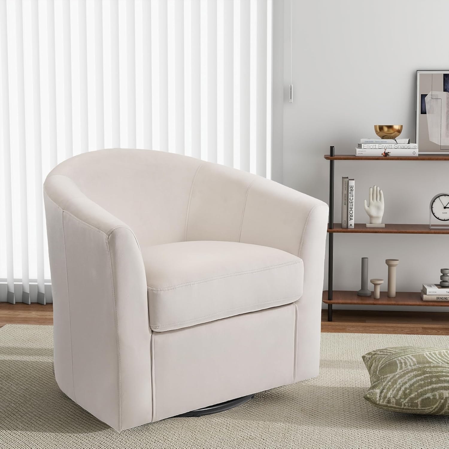 Swivel Accent Chair, Upholstered Velvet Barrel Armchair, Modern Round Single Sofa Seating Comfy Reading Corner Chairs for Living Room Bedroom, Fully Assembled (Velvet Ivory, Set of 2)