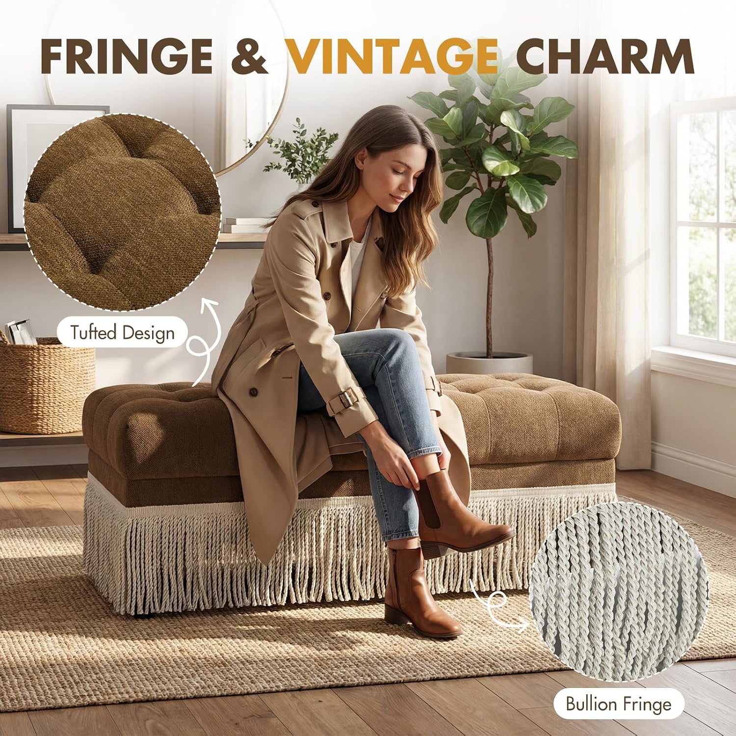 Hyfirm 47-Inch Chenille Ottoman Bench Vintage Tufted Fringe Design Brown | From bedroom dressing to living room lounging, this bench serves as an end-of-bed seat, sofa footrest, or entryway accent