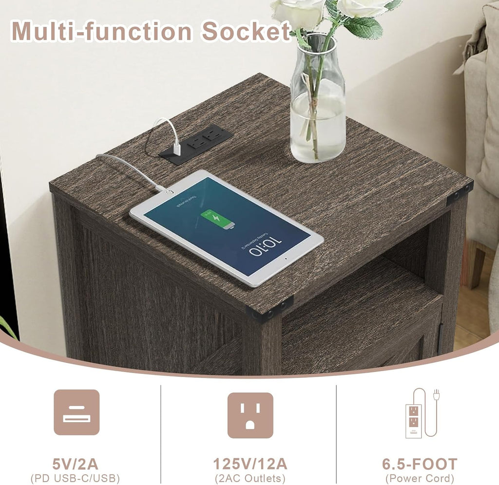 MUUEGM 24" Nightstand with Charging Station, End Table, Side Table with Door for Bedroom, Living Room, Modern Farmhouse Design, Dark Grey Bedside Table with Door Set of 2