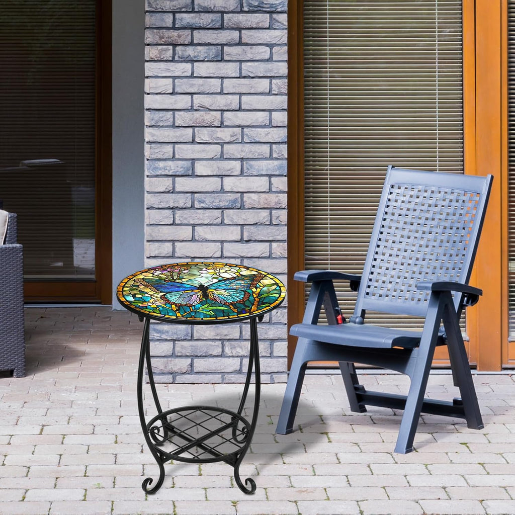 Cinnvoice Outdoor Side Table Round Small Mosaic Patio Accent Indoor End Plant Coffee Tea Table for Yard Patio Porch Garden Living Room, Bedroom(Butterfly Style,14 Inch)