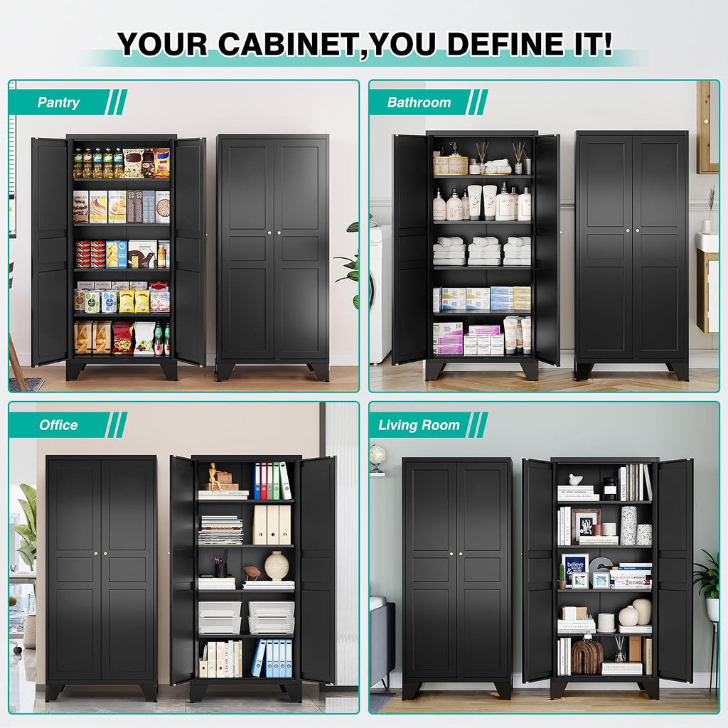 SISESOL Metal Storage Cabinet with Doors and Shelves,Black Storage Cabinet with Leg,Metal Pantry Cabinets,Ventilated Pantry Closet,Tall Large Cupboard for Home,Kitchen,Dining/Living/Laundry Room