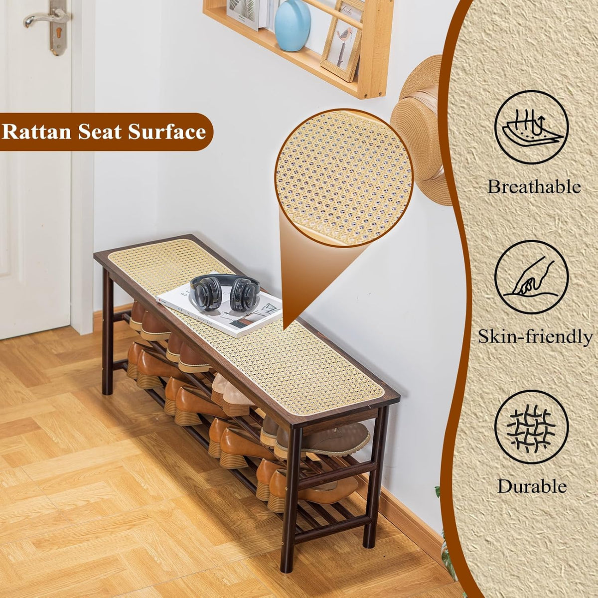 Bamboo Entryway Bench with Woven Rattan Seat, 2-Tier Shoe Storage Bench for Hallway & Entryway 39.4 inches Walnut