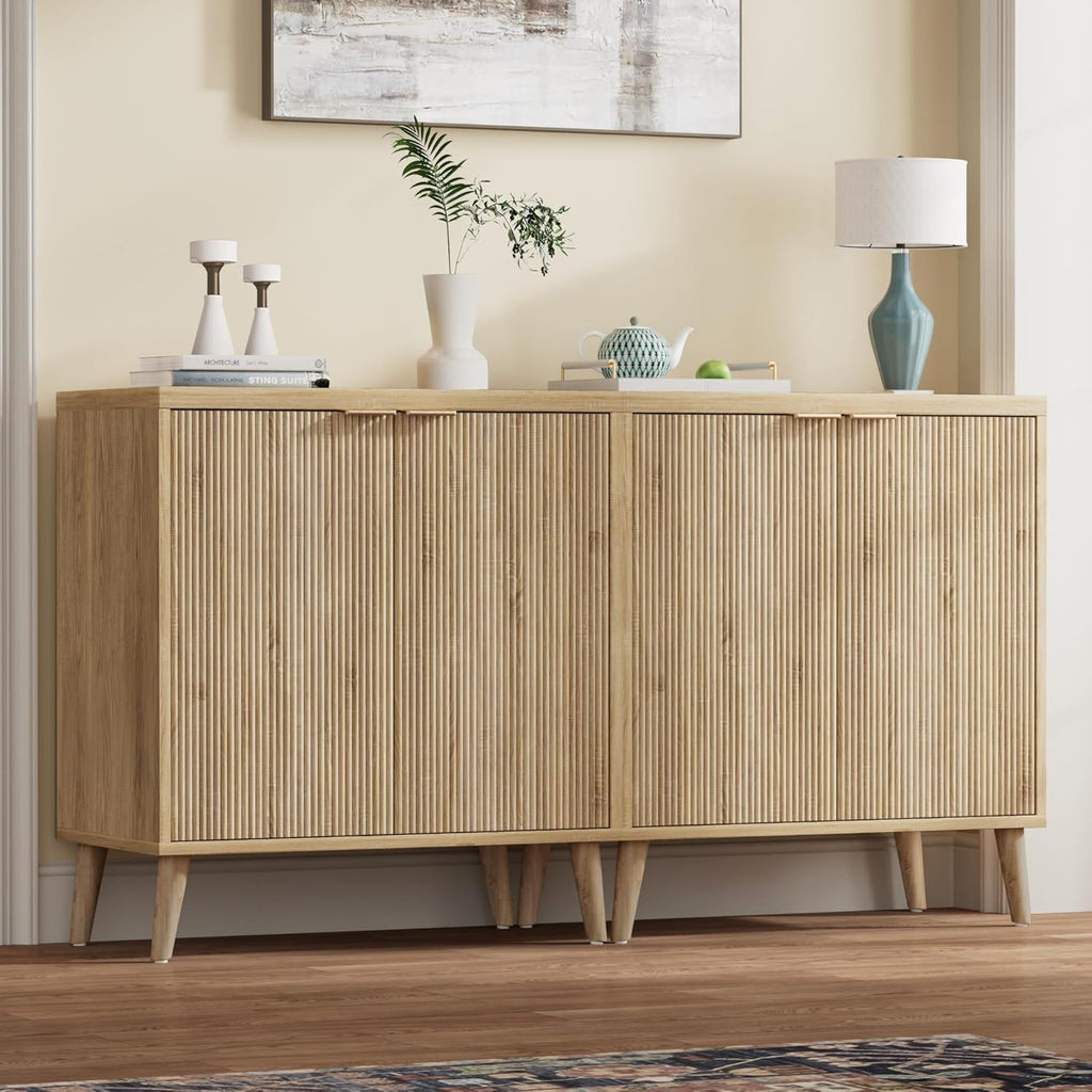Homleke Buffet Cabinet with Storage, Modern Fluted Accent Sideboard with Doors & Adjustable Shelf, Buffet Table Entryway Cabinets for Living Room, Kitchen, Dining Room, Hallway, Natural
