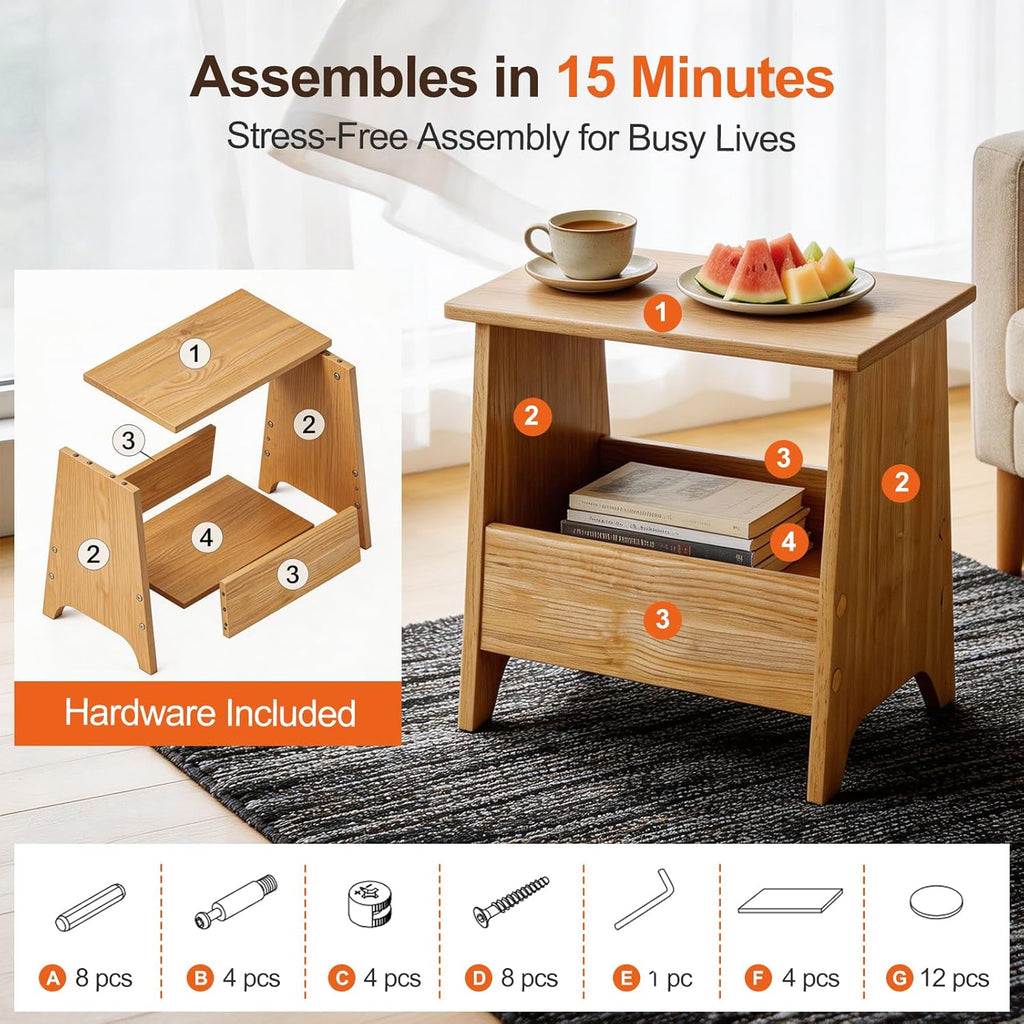King Oasis Small Storage Stool with Flat Top, 15.7" Modern Footstool Ottoman for Living Room & Bedroom, Narrow Shoe Bench/Side Table for Entryway, Bathroom, Bedroom and Small Spaces, Light Oak Low