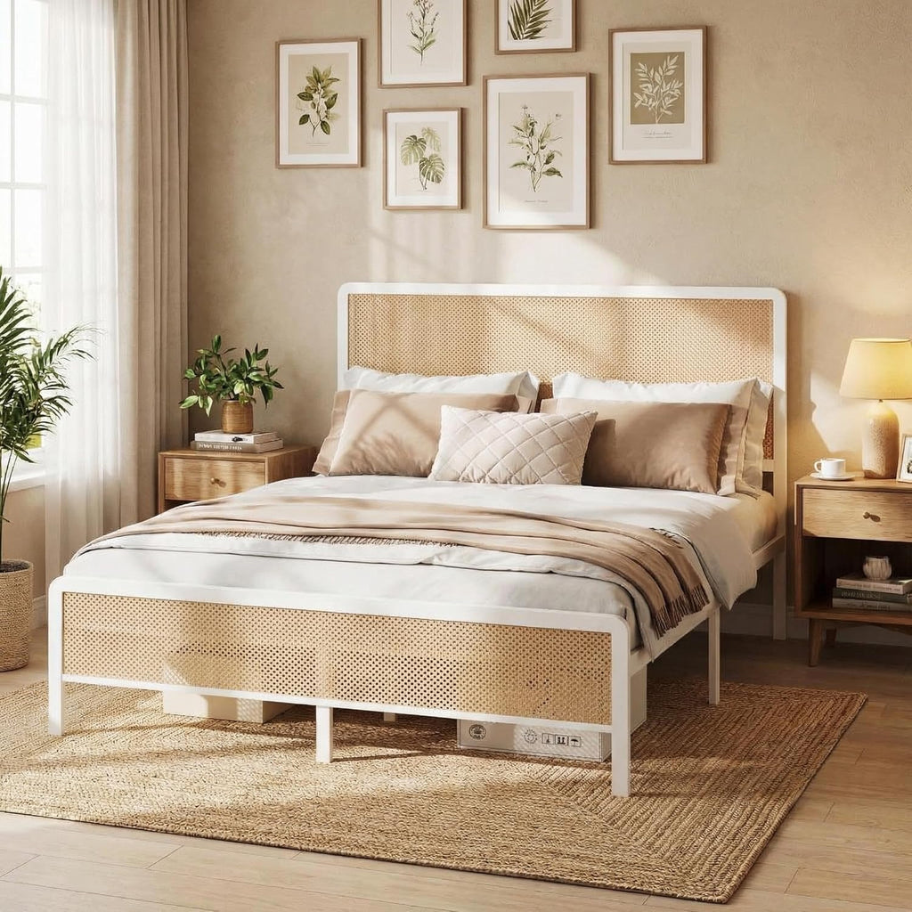 GAOMON Queen Size Rattan Bed Frame with Headboard, Modern Style Cane Boho Bed Frames with Heavy Duty Sturdy Steel Slat Support, No Box Spring Needed, White
