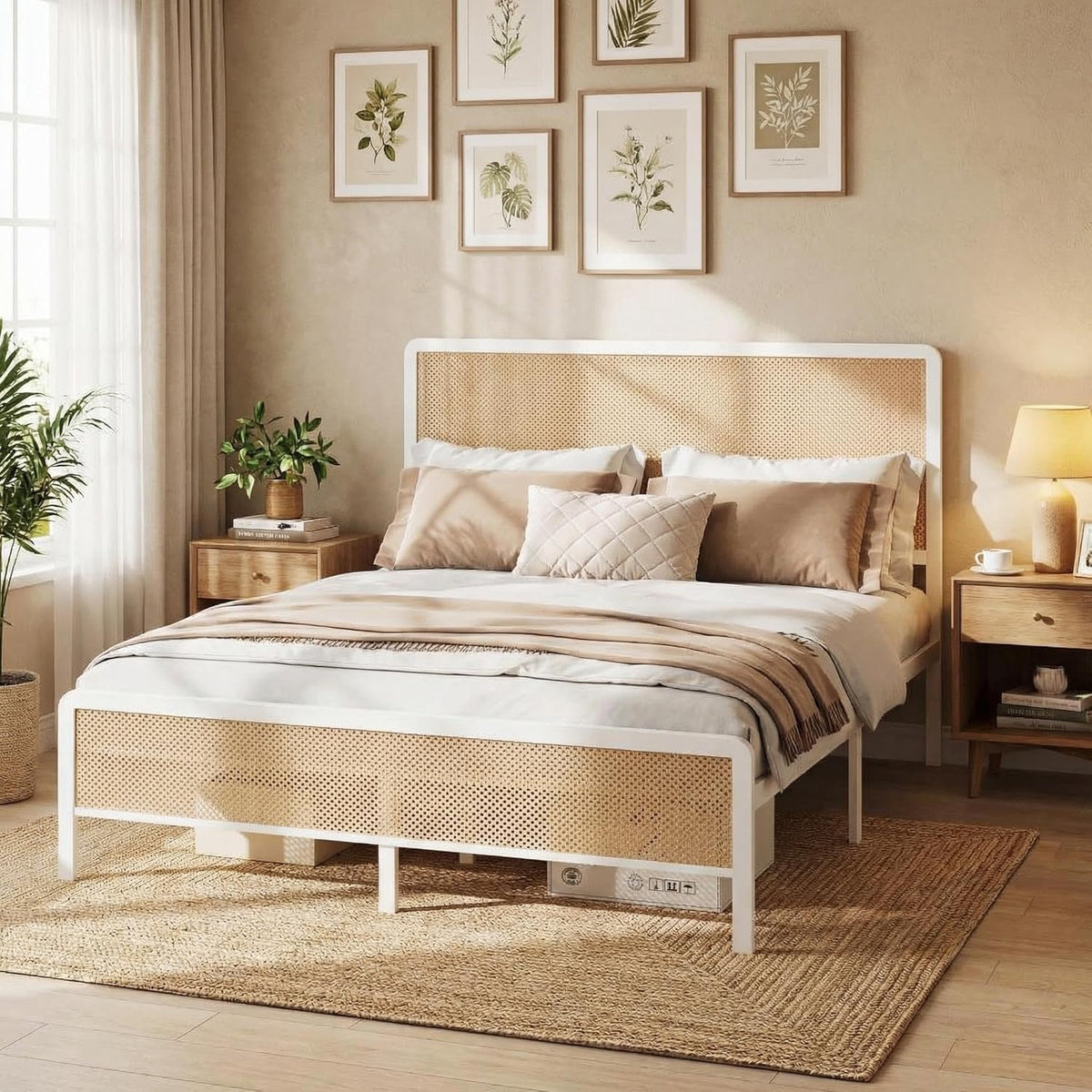 GAOMON Queen Size Rattan Bed Frame with Headboard, Modern Style Cane Boho Bed Frames with Heavy Duty Sturdy Steel Slat Support, No Box Spring Needed, White