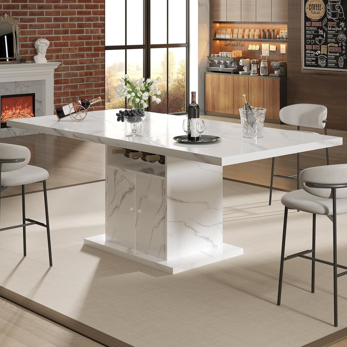 Extendable Dining Room Table for 4-6, 47-63 Inch Faux Marble Extendable Dining Table, Modern Expandable Rectangle Kitchen Dining Table with Storage for Kitchen Living Room