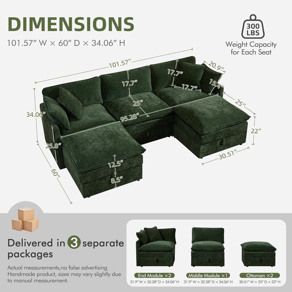 WorthFurni Modular Sectional Sofa with Storage Ottomans,103" U-Shaped Cloud Couch,Comfy Modern Couches with Pillows & Upholstered Deep Seat Cushion for Apartment Living Room Bedroom（Green）