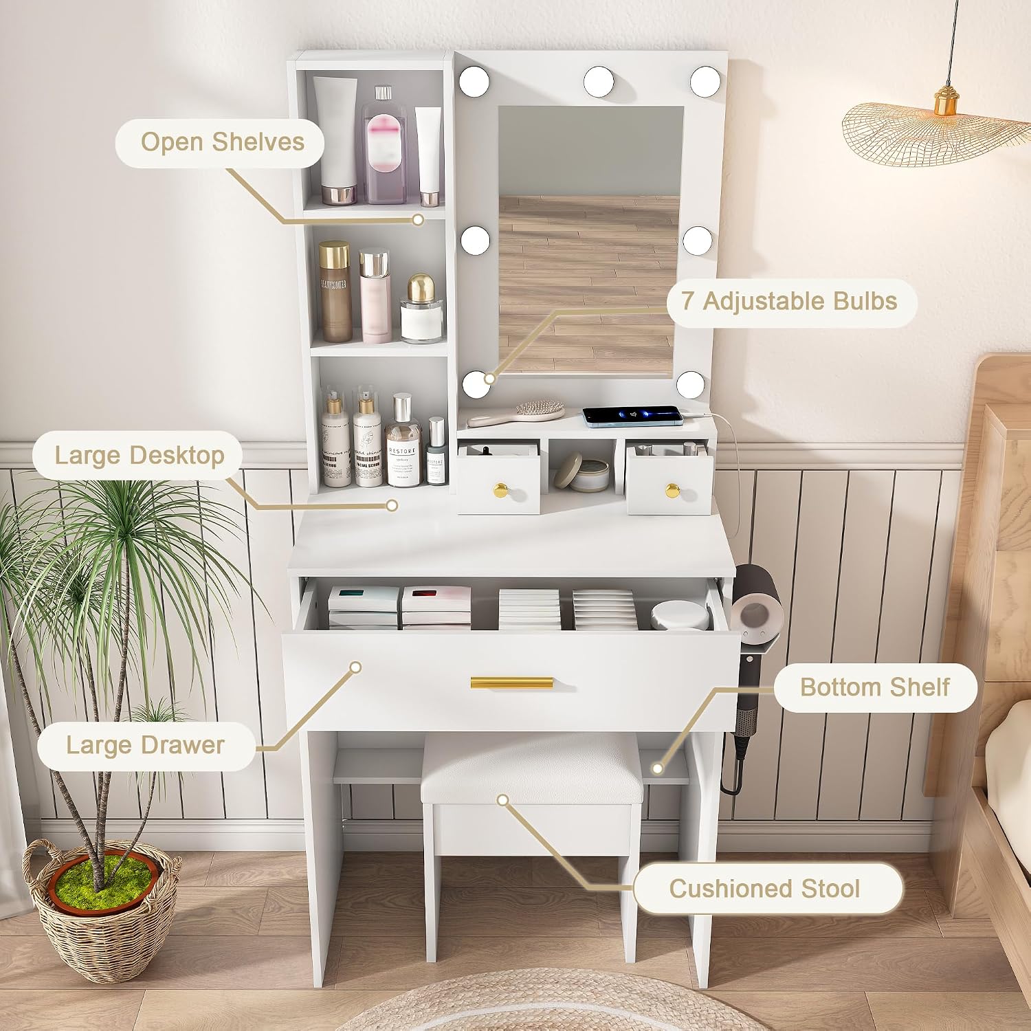 Vanity Table Set Adjustable White Modern Contemporary for Bedroom Furniture