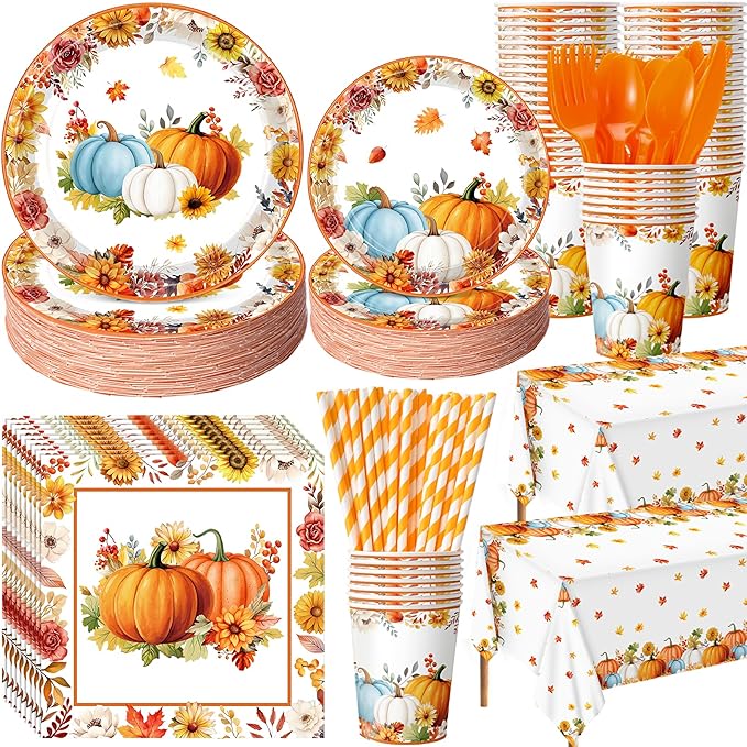 452 Pcs Fall Party Decorations Thanksgiving Party Supplies Fall Maple Leaves Pumpkins Paper Plates Napkins Cups Tablecloth Cutlery Straws for Autumn Thanksgiving Harvest Birthday Holiday