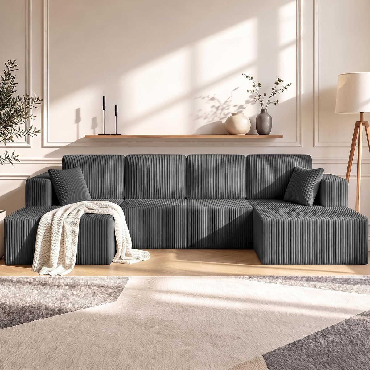 130" Couch U-Shaped Sectional Sofa, Grey | Corduroy Cloud Couch with Double Chaise, 30D Memory Foam, Compressed Sofa for Living Room, No Assembly Required