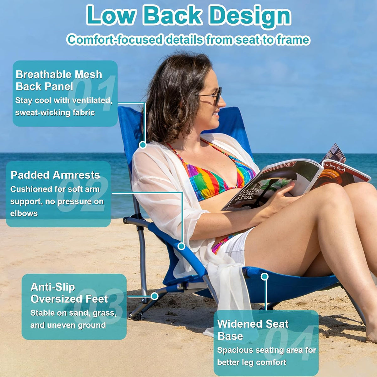 Romswi 2 Pack Lightweight Low Beach Chairs with Breathable Mesh Back, 6LBS Folding Portable Sand Chairs with Cup Holder, Heavy Duty 300lbs Capacity for Camping & Outdoor Use, Blue